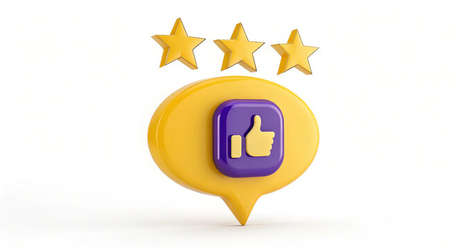 3D illustration of three golden stars for client rating with a golden thumb up badge on purple button