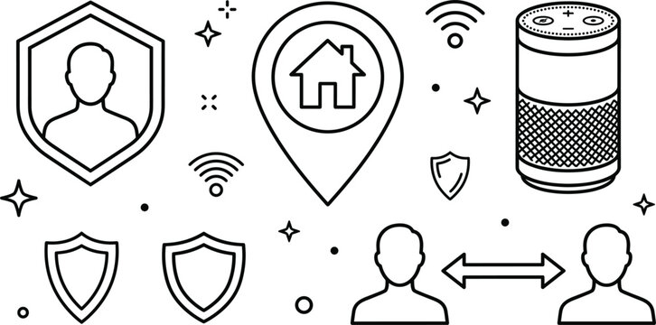Smart home security and network protection line icon set with smart speaker voice assistant location pin wireless wifi