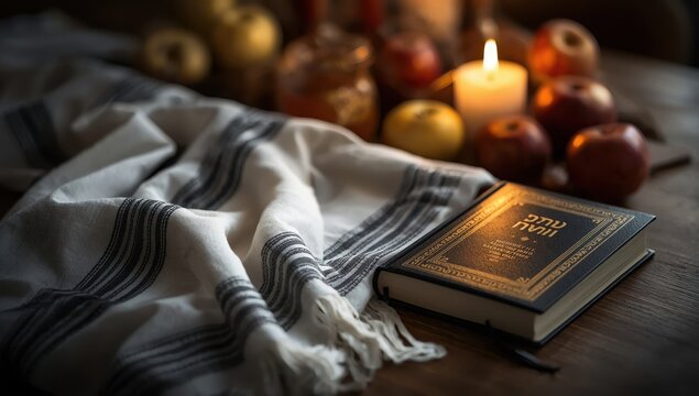 White talit and prayer book symbolizing Jewish New Year, Shabbat, and Yom Kippur.
