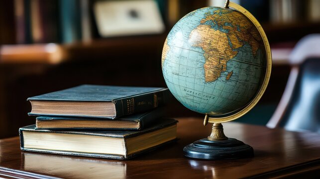 Vintage globe on wooden desk with stacked books in warm study setting