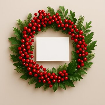 Festive holiday wreath with red berries and green foliage, square blank center for seasonal greeting or message on neutral background