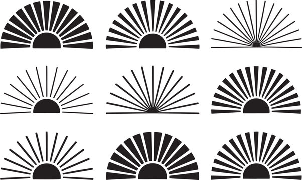 Retro sunburst rays collection set of half circle sunrise shapes for vintage logo and brand emblem.