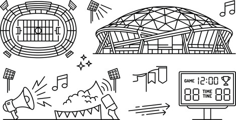 Sports stadium arena line icon set with football soccer field scoreboard megaphone floodlight event game tournament match architecture © MdShakib