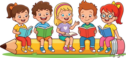 Group of five happy diverse cartoon children sitting on a giant yellow pencil while reading colorful open storybooks vector illustration (21 words)