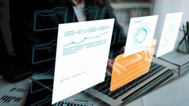 Digital Workspace Concept with Overlaid Data Visualizations and Professional Using Laptop for Analysis and Business Strategy Development. Entropy.