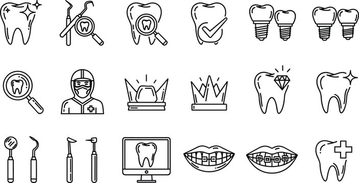 Dental care and stomatology clinic thin line icon set featuring teeth implants crown braces checkup mirror drill magnifying glass and dentist vector elements
