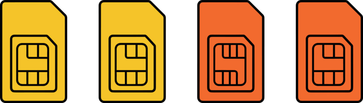 Mobile phone sim cards vector illustration collection featuring yellow and orange subscriber identity module microchips isolated on a white background (21 words)