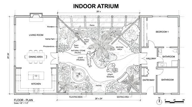 Architectural floor plan drawing of a modern house with an indoor atrium and lush greenery architectural drawing