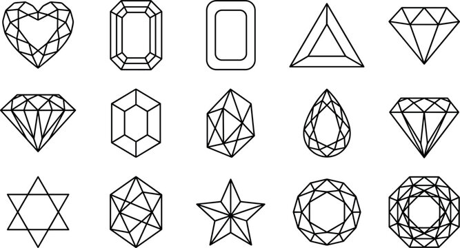 Diamond cuts and precious gemstones outline line icon set featuring heart emerald pear cushion round star trillion geometric crystal shapes for jewelry design