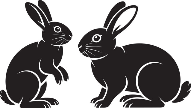 Two black rabbits sitting and looking at each other. Cute bunny animal silhouettes.