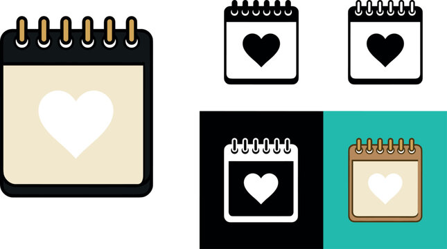 Romantic calendar page line icon collection featuring heart symbol for save the date wedding invitation honeymoon planning and event scheduling graphic layouts (22 words)