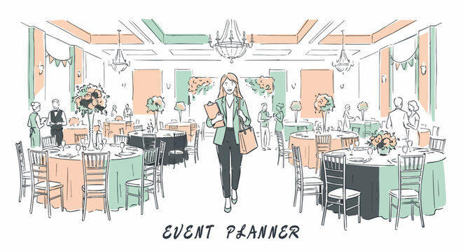 Hand-drawn sketch flat vector style: An event planner walking through a banquet hall, loose and expressive line work filled with flat, whimsical color blocks 