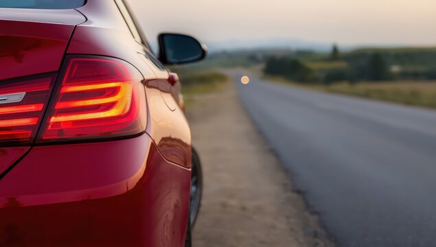 A solitary vehicle stationed by the highway. Rear view of a red car on a rural road, back lights visible. The car halted on the road. No one around, close-up, out of focus.