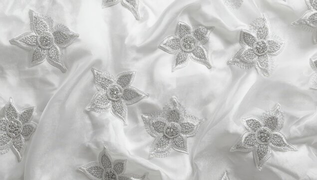 Vertical perspective of intricate floral designs in silver thread on soft white fabric, highlighting the texture and skill of the metallic stitching.