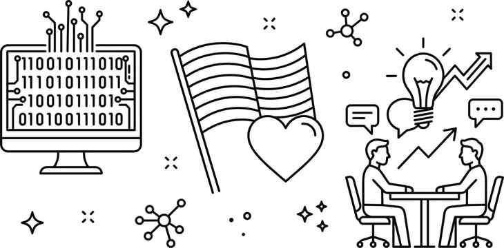 Technology society collaboration line art vector set with binary code flag heart idea brainstorming business strategy data icons
