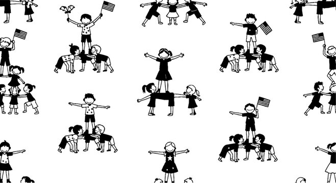 Playful black and white children acrobatics pattern illustration.