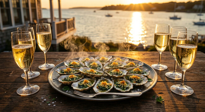 A lifestyle food photograph of a platter of Oysters Rockefeller set on a dark, rustic wooden table at a coastal estate during the golden hour. 
