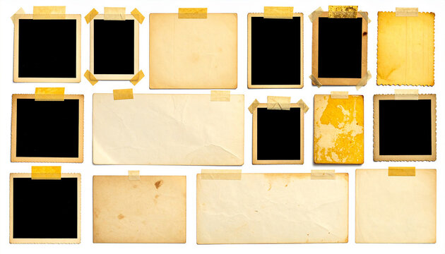 Collage of blank vintage photo frames and old paper pieces with masking tape