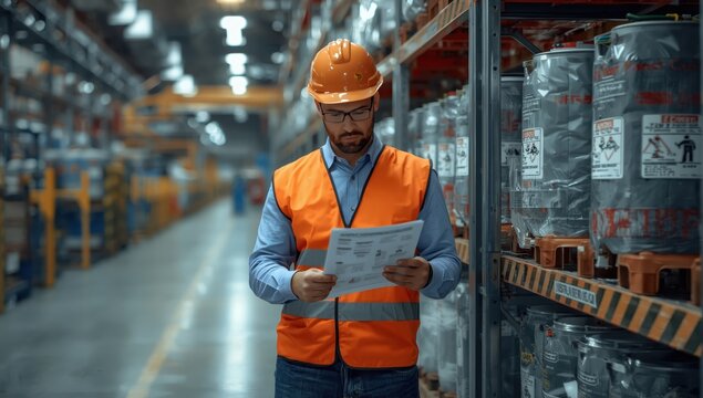A safety inspector reviews the hazardous materials checklist near the factory's chemical storage area, with a focus on industrial safety.