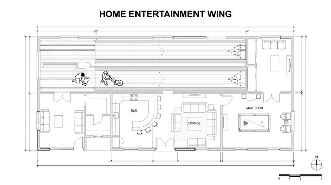 Architectural floor plan of a home entertainment wing with bar lounge game room and deck architectural drawing