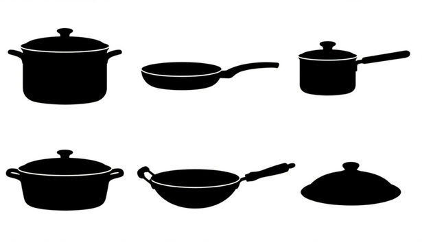 Black silhouettes of various cooking pots and pans