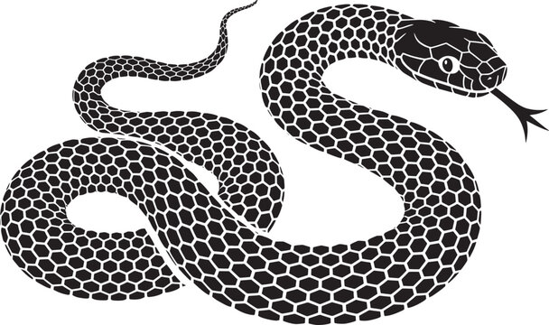 Detailed snake silhouette with hexagon scale pattern and tongue out for wild reptile nature concept.