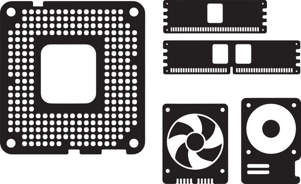 Computer hardware components set for personal computer assembly and upgrade on gray background.