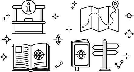 Travel tourism navigation and orientation line icon set with information desk map pin guidebook compass rose directional signpost © MdShakib