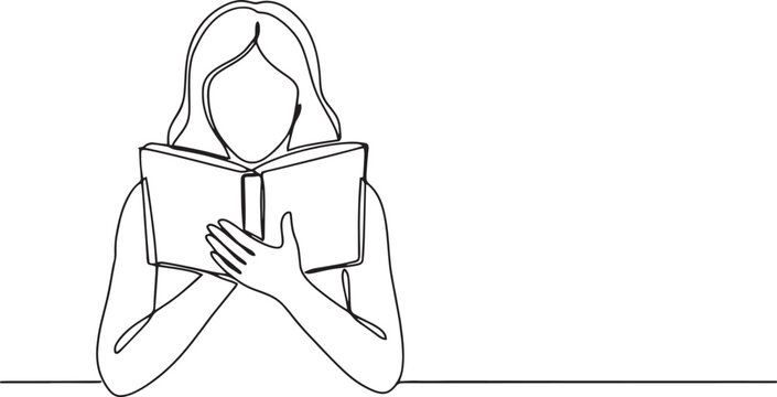 One continuous line drawing of woman reading book, simple line drawing of student learning.