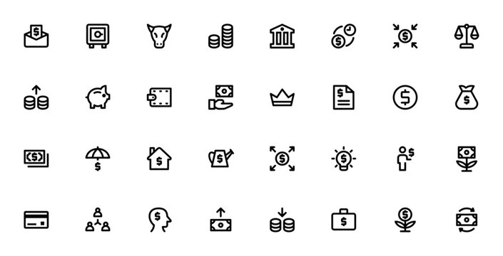 Business Finance icon set. Minimal vector icons pack. Featuring Paycheck, Vault, Bull market, Coins, Bank, Time is money, Crowdfunding, Scales and more. Editable vector stroke.