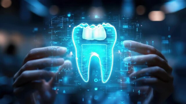 Futuristic digital tooth projection in male hands showcasing dental technology