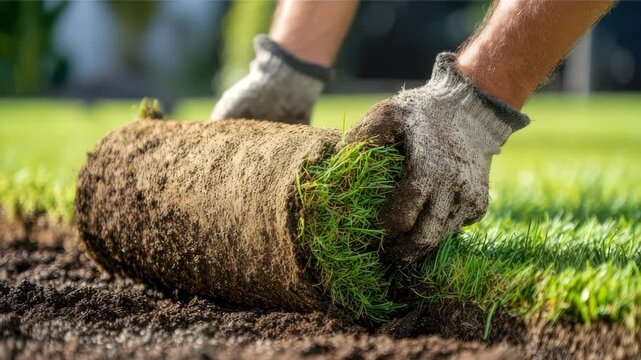 Gardener unrolling a sod roll on a prepared soil for a new lawn