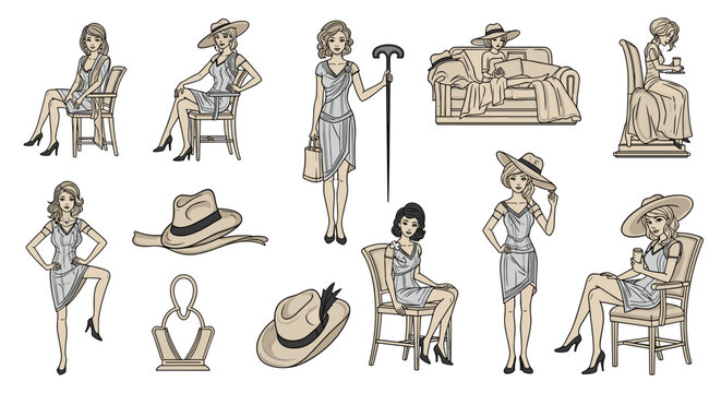 A collection of illustrated female figures in 1920s flapper-style dresses and hats depicted in various seated and standing poses on a neutral light gray background.