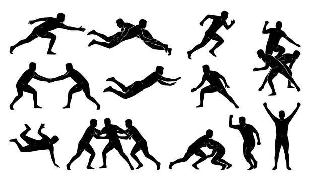Kabaddi Players Silhouette Vector Set with Dynamic Raid and Defense Action Poses