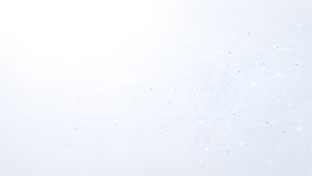 Modern artificial intelligence network background with connected nodes, digital communication structure and clean white corporate design. Ideal for AI, machine learning, cloud computing, analytics and