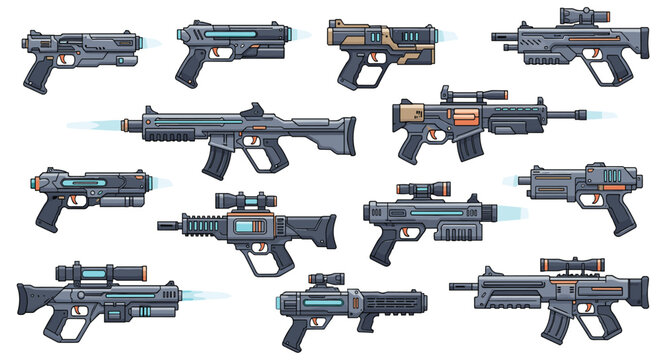 Set of futuristic sci-fi firearms shows various designs for laser guns and rifles with energy glowing elements for science fiction themes.