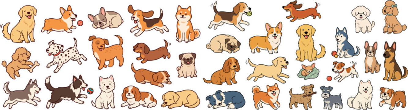 Set of cute diverse dog breeds illustrated in cartoon style with illustration collection domestic veterinary colorful purebred adoption