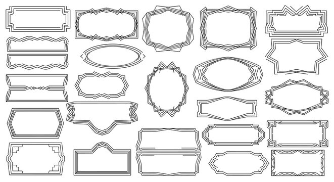 A curated collection of various geometric rectangular and oval frames with sharp angular lines and double-border styling on a plain light background for design.