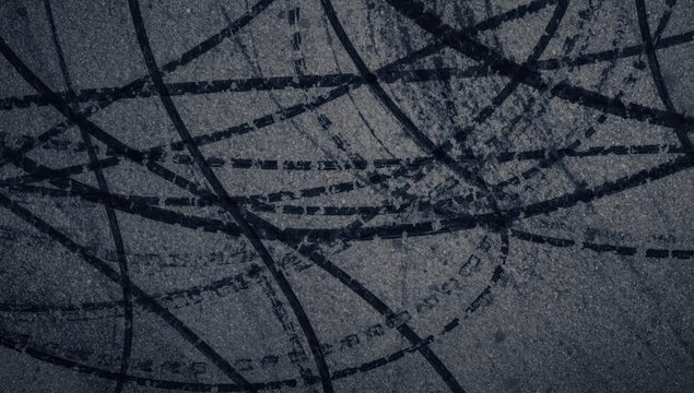 Bird's-eye view of abstract tire skid patterns on a racetrack, featuring dark marks from vehicles.