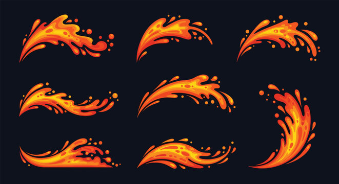 Set of stylized fire or liquid splash effects shows various dynamic shapes and arcs of movement in bright orange and yellow colors.