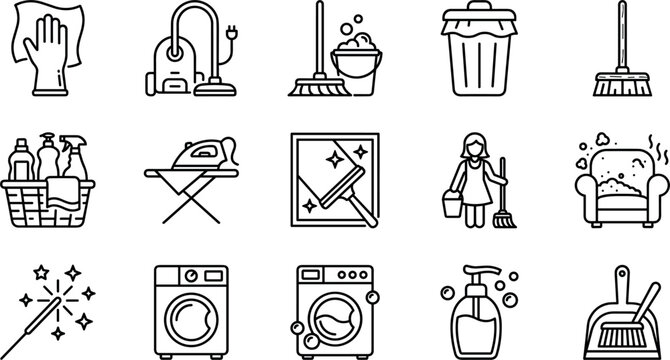 Cleaning service and household chores line icon set featuring vacuum cleaner mop bucket trash can laundry iron washer squeegee maid sofa cleaning dustpan and soap bottles