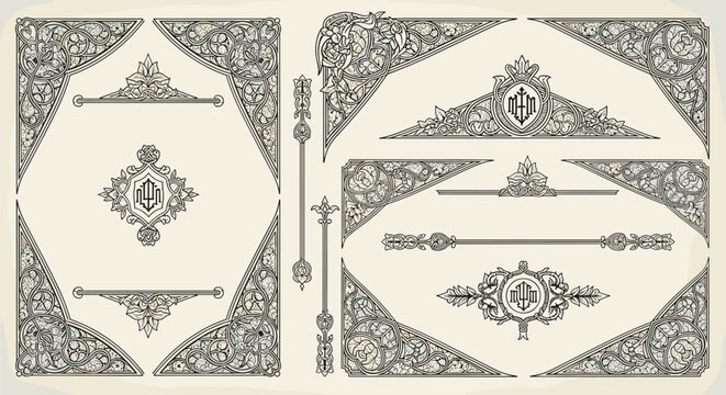An organized set of ornate corner flourishes and elegant decorative page dividers featuring central floral monograms displayed on a light beige background surface.