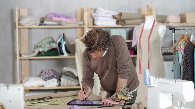 Qualified fashion designer draws a fashion design with a size grid on an electronic tablet. Tailor works in a sewing workshop