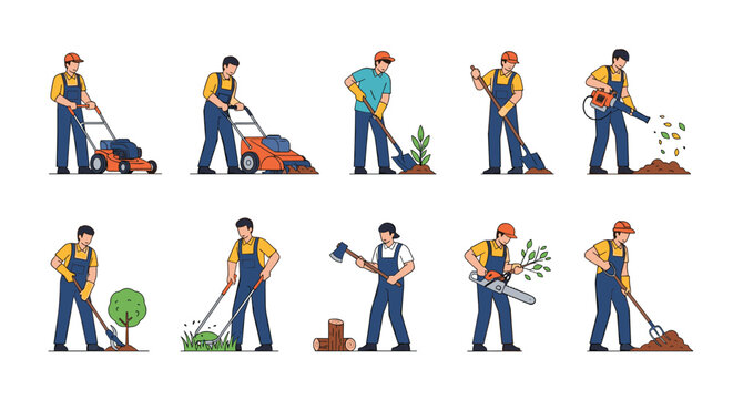 Professional gardeners performing various landscaping tasks like mowing the lawn planting trees and trimming bushes.