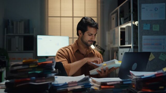 Overworked young Latin businessman working late on document in large stack of paperwork files at office night. Tax audit deadline, accounting stress, corporate burnout, urgent business concept.