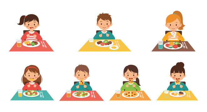Set of cute children sitting at tables and enjoying diverse meals including pizza salad and healthy organic dishes.