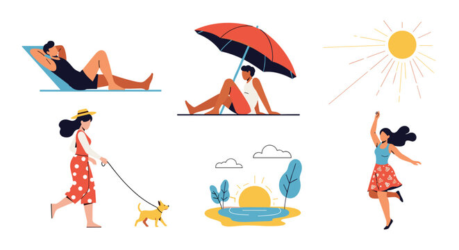 Diverse group of people enjoying summer outdoor activities like sunbathing walking a dog and dancing in the sunlight.