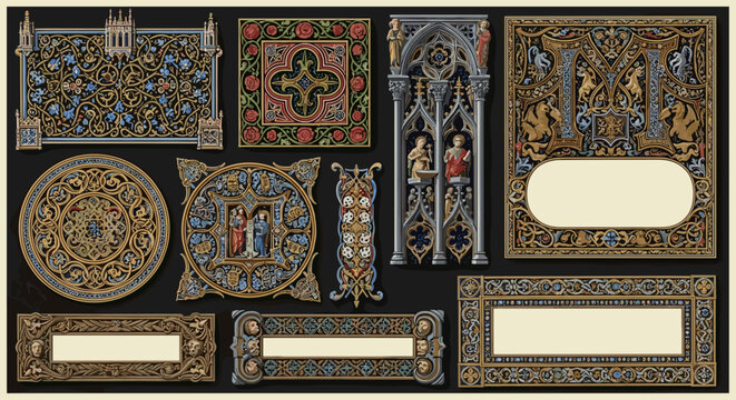 Various medieval illuminated manuscript decorations including geometric rose motifs, statuesque column designs, and ornamental scrolls are arranged on a dark black background.