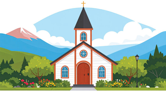Small white church with brown door.