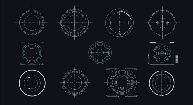 Futuristic heads up display target interface elements including various reticles and aiming scopes for tactical gaming or tech designs.